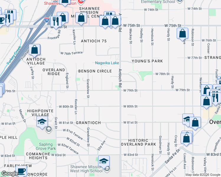 map of restaurants, bars, coffee shops, grocery stores, and more near 8756 West 79th Circle in Overland Park