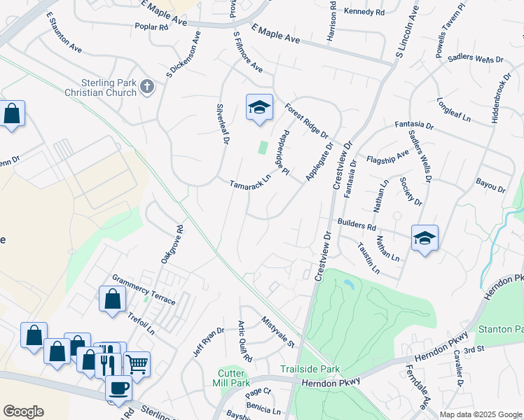 map of restaurants, bars, coffee shops, grocery stores, and more near 203 Pin Oak Court in Sterling