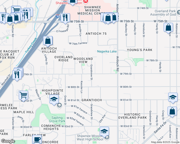 map of restaurants, bars, coffee shops, grocery stores, and more near 9102 West 79th Street in Overland Park