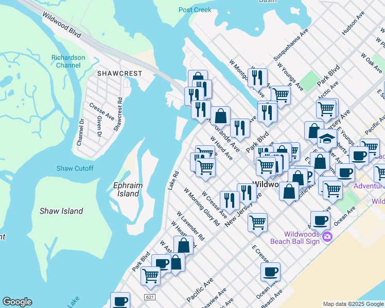 map of restaurants, bars, coffee shops, grocery stores, and more near 418 West Bennett Avenue in Wildwood