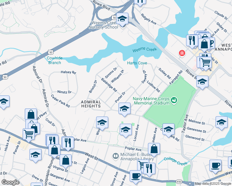 map of restaurants, bars, coffee shops, grocery stores, and more near 3 Goodrich Road in Annapolis