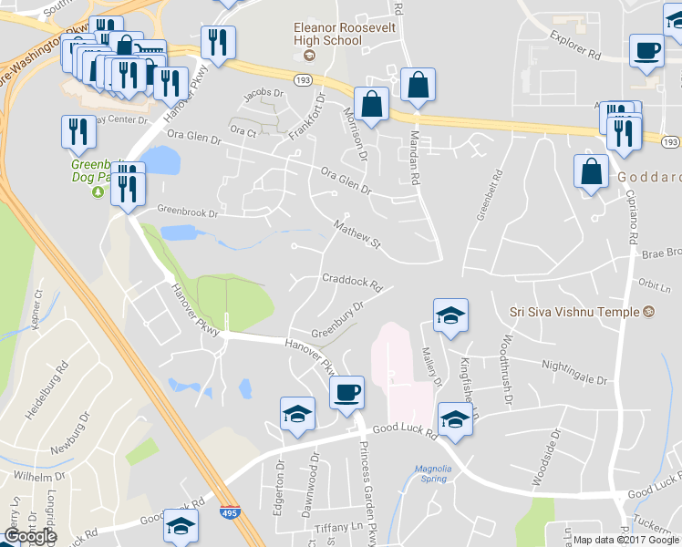 map of restaurants, bars, coffee shops, grocery stores, and more near 8106 Craddock Road in Greenbelt