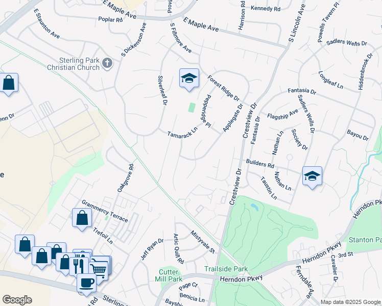 map of restaurants, bars, coffee shops, grocery stores, and more near 203 Pin Oak Court in Sterling