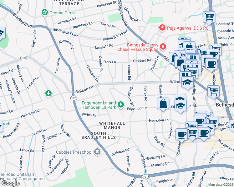 map of restaurants, bars, coffee shops, grocery stores, and more near 5420 Moorland Lane in Bethesda