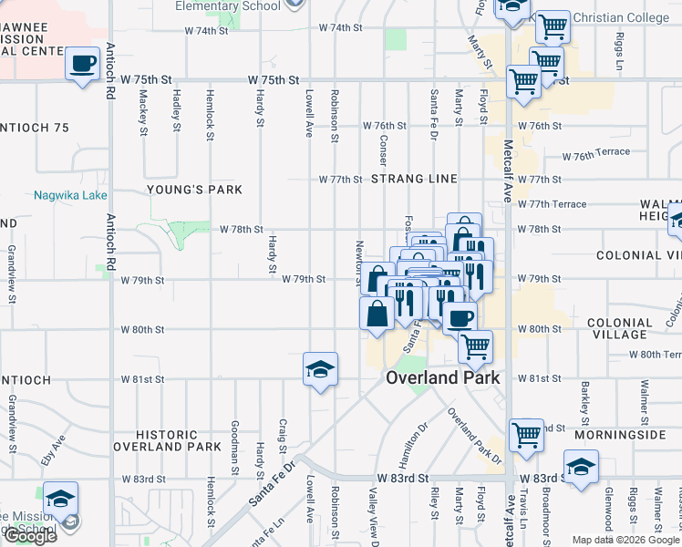 map of restaurants, bars, coffee shops, grocery stores, and more near 7829 Robinson Street in Overland Park