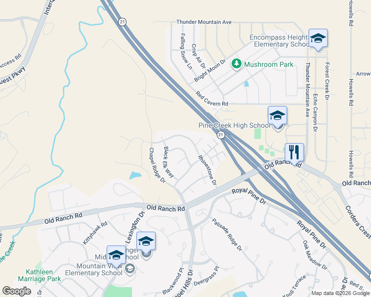 map of restaurants, bars, coffee shops, grocery stores, and more near 10653 Black Kettle Way in Colorado Springs