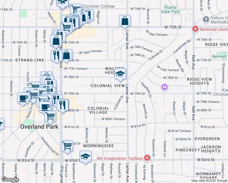 map of restaurants, bars, coffee shops, grocery stores, and more near 6416 West 79th Street in Overland Park