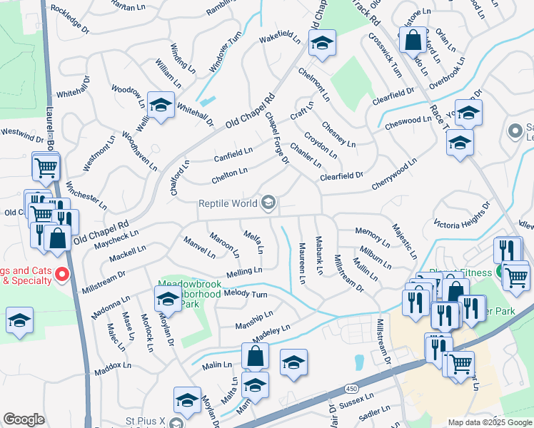 map of restaurants, bars, coffee shops, grocery stores, and more near 12410 Millstream Drive in Bowie