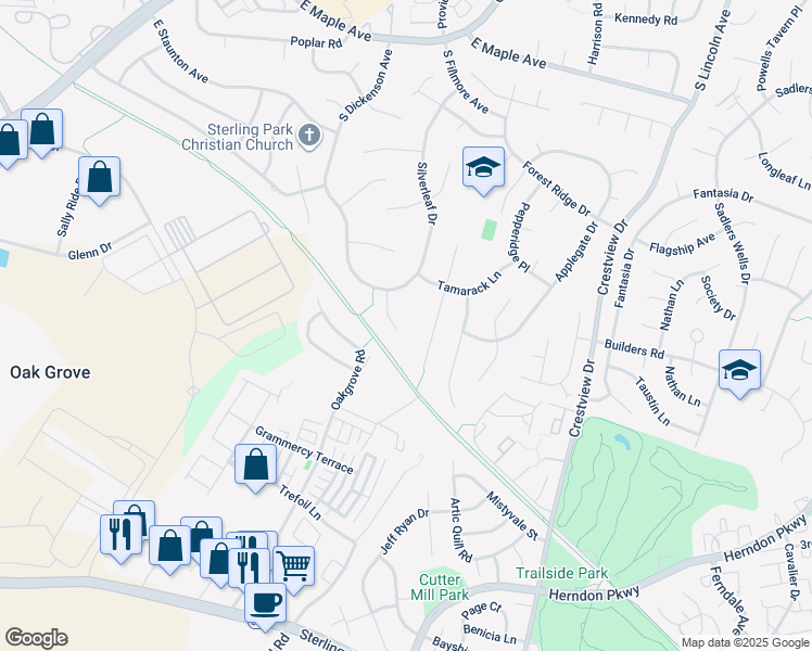 map of restaurants, bars, coffee shops, grocery stores, and more near 108 Silverleaf Court in Sterling