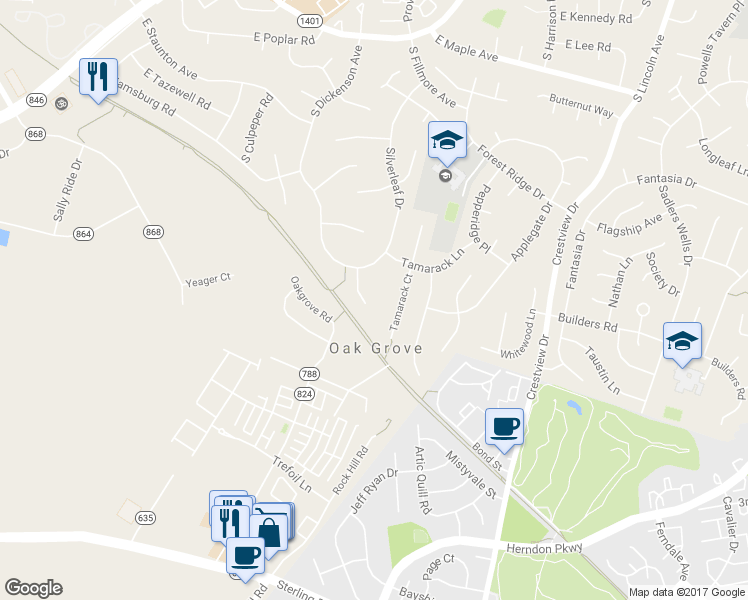 map of restaurants, bars, coffee shops, grocery stores, and more near 108 Silverleaf Court in Sterling
