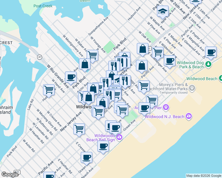 map of restaurants, bars, coffee shops, grocery stores, and more near 4400 New Jersey Avenue in Wildwood