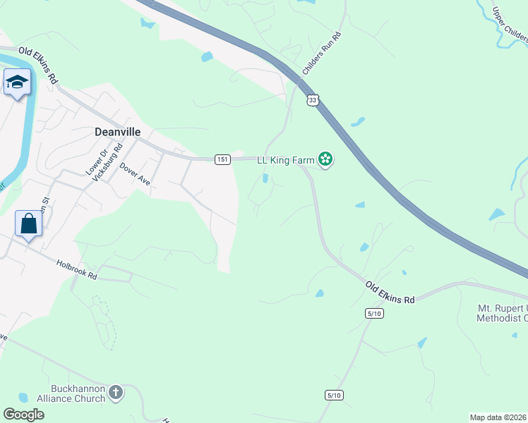 map of restaurants, bars, coffee shops, grocery stores, and more near 68 Ashley Lane in Buckhannon