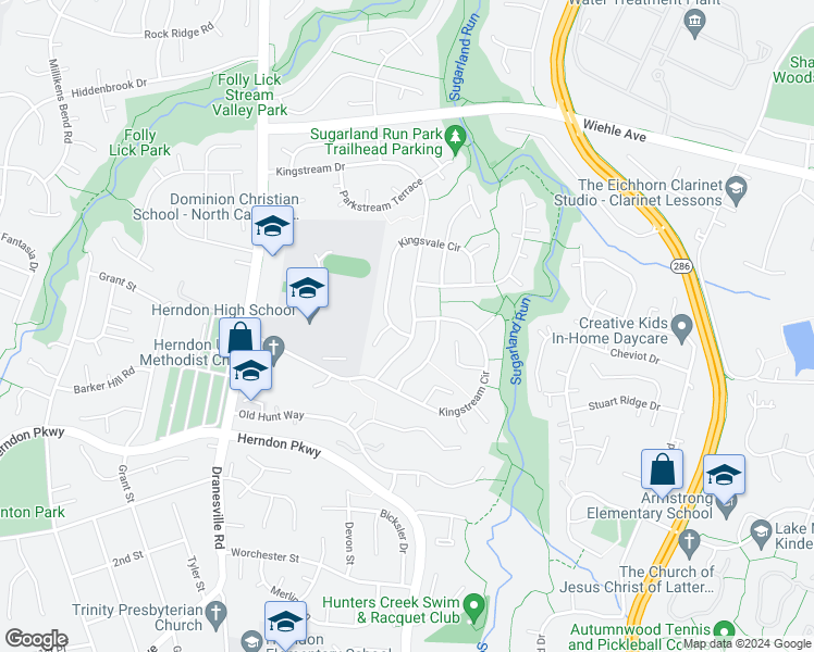 map of restaurants, bars, coffee shops, grocery stores, and more near 1483 Kingsvale Circle in Herndon