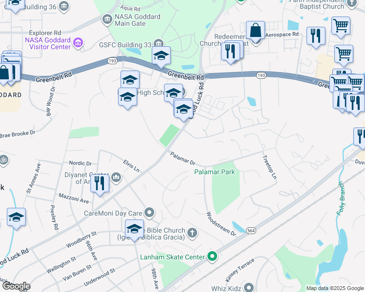 map of restaurants, bars, coffee shops, grocery stores, and more near 6924 Woodstream Lane in Lanham