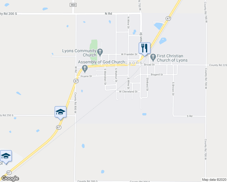 map of restaurants, bars, coffee shops, grocery stores, and more near 270 South Walnut Street in Lyons