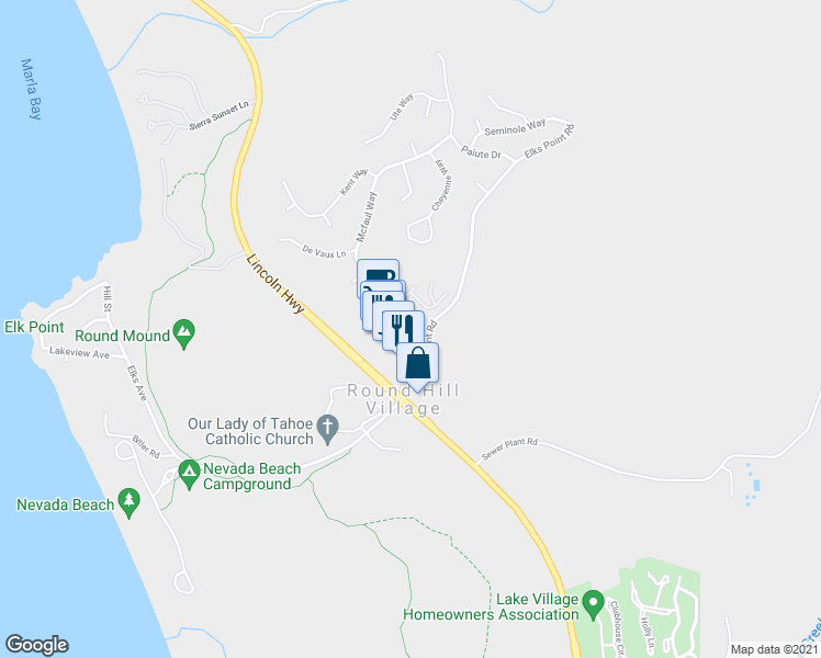 map of restaurants, bars, coffee shops, grocery stores, and more near 84 Mcfaul Way in Zephyr Cove