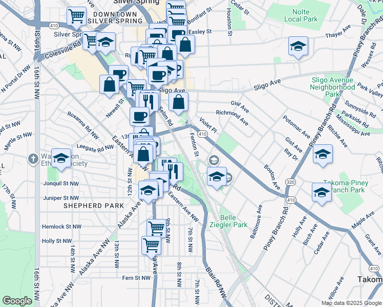 map of restaurants, bars, coffee shops, grocery stores, and more near 7722 Fenton Street in Silver Spring