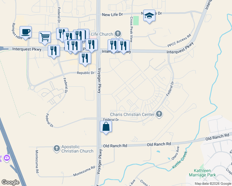 map of restaurants, bars, coffee shops, grocery stores, and more near 10851 Hidden Pool Heights in Colorado Springs