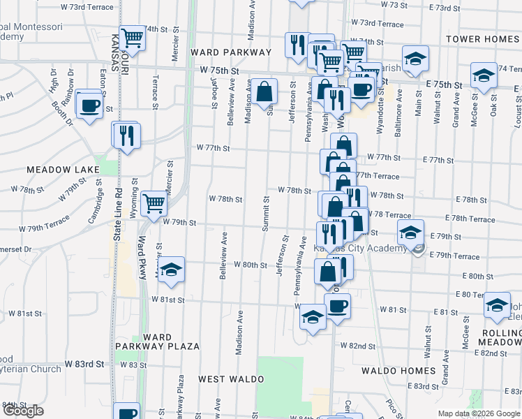 map of restaurants, bars, coffee shops, grocery stores, and more near 7816 Summit Street in Kansas City