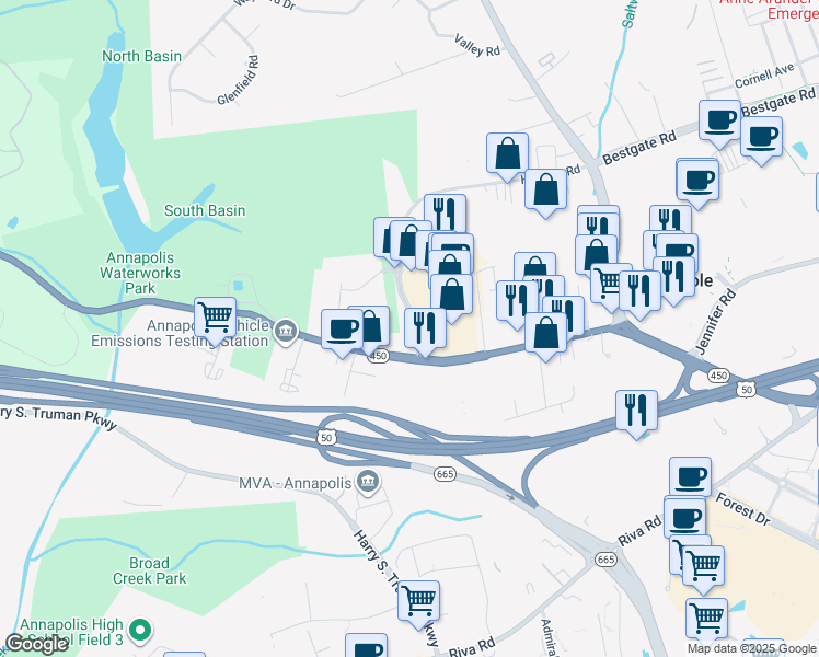 map of restaurants, bars, coffee shops, grocery stores, and more near 2600 Housley Road in Annapolis