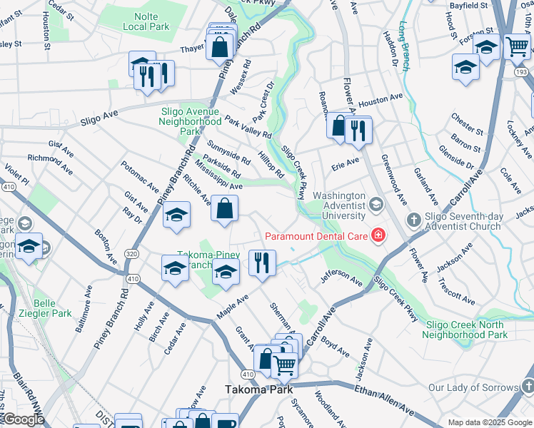 map of restaurants, bars, coffee shops, grocery stores, and more near 114 Geneva Avenue in Silver Spring