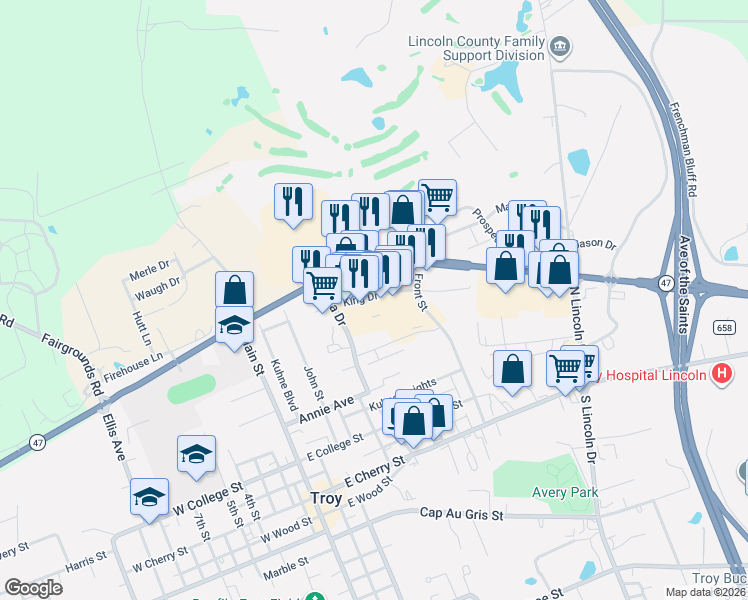 map of restaurants, bars, coffee shops, grocery stores, and more near Highway 47 in Troy