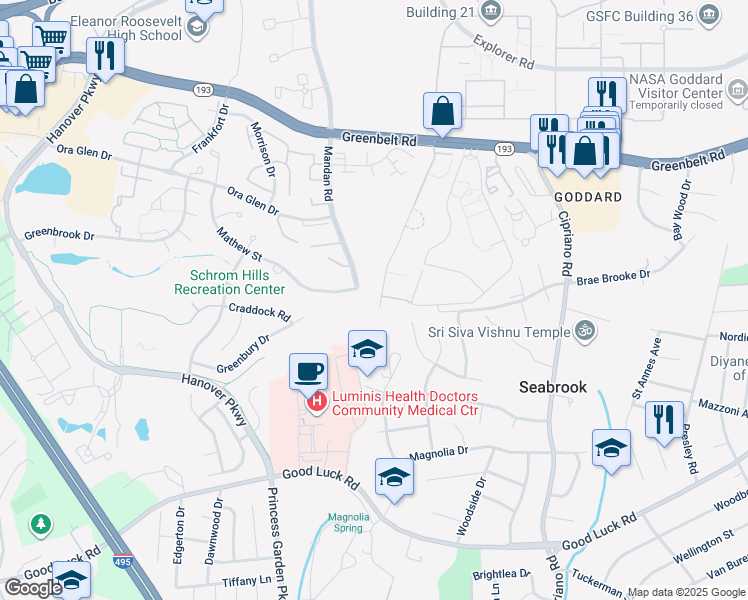 map of restaurants, bars, coffee shops, grocery stores, and more near 8493 Greenbelt Road in Greenbelt