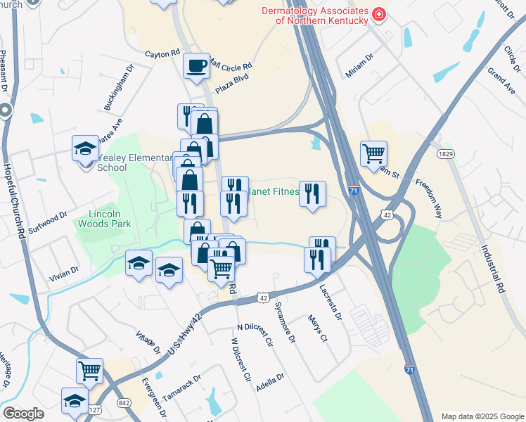 map of restaurants, bars, coffee shops, grocery stores, and more near 7350 Turfway Road in Florence
