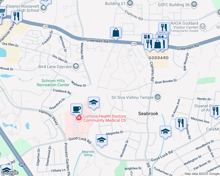 map of restaurants, bars, coffee shops, grocery stores, and more near 8689 Greenbelt Road in Greenbelt