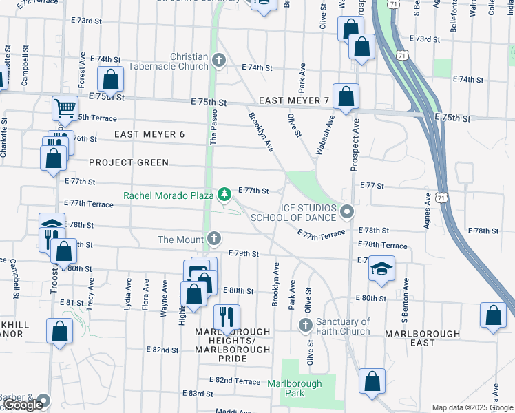 map of restaurants, bars, coffee shops, grocery stores, and more near 2110 East 77th Terrace in Kansas City
