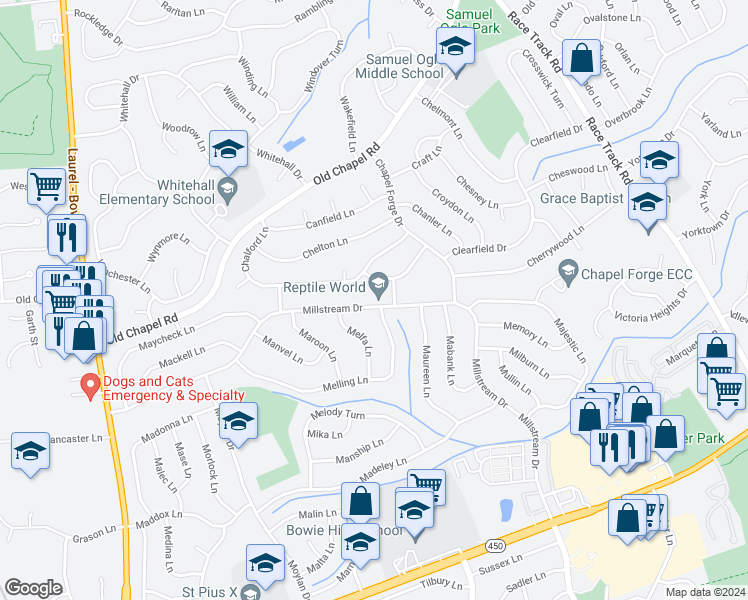 map of restaurants, bars, coffee shops, grocery stores, and more near 12410 Millstream Drive in Bowie