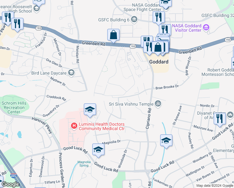 map of restaurants, bars, coffee shops, grocery stores, and more near 8663 Greenbelt Road in Greenbelt