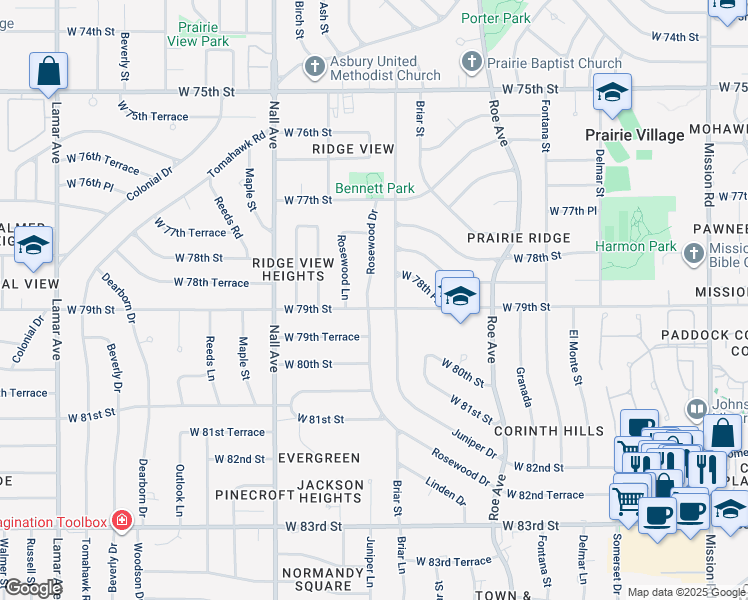 map of restaurants, bars, coffee shops, grocery stores, and more near 7832 Rosewood Drive in Prairie Village