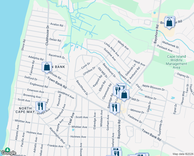 map of restaurants, bars, coffee shops, grocery stores, and more near 3 Carlton Drive in North Cape May