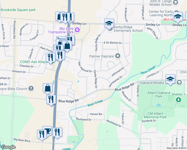 map of restaurants, bars, coffee shops, grocery stores, and more near 3505 Derby Ridge Drive in Columbia