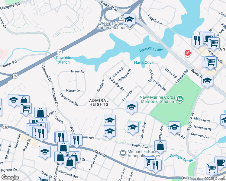 map of restaurants, bars, coffee shops, grocery stores, and more near 13 Wainwright Drive in Annapolis