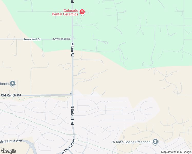 map of restaurants, bars, coffee shops, grocery stores, and more near 10625 Milam Road in Colorado Springs