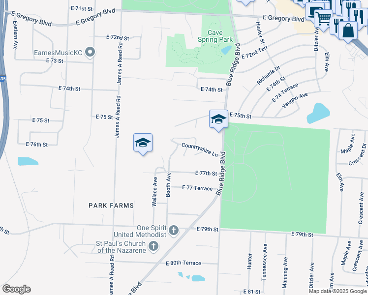 map of restaurants, bars, coffee shops, grocery stores, and more near 8603A Countryshire Lane in Kansas City