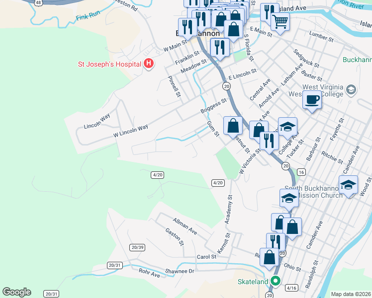 map of restaurants, bars, coffee shops, grocery stores, and more near 22 Kepner St in Buckhannon