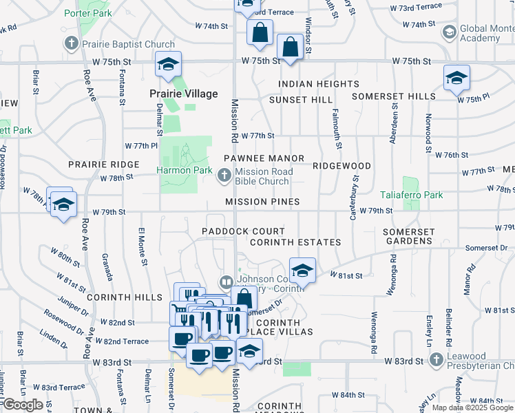 map of restaurants, bars, coffee shops, grocery stores, and more near 7881 Howe Circle in Prairie Village