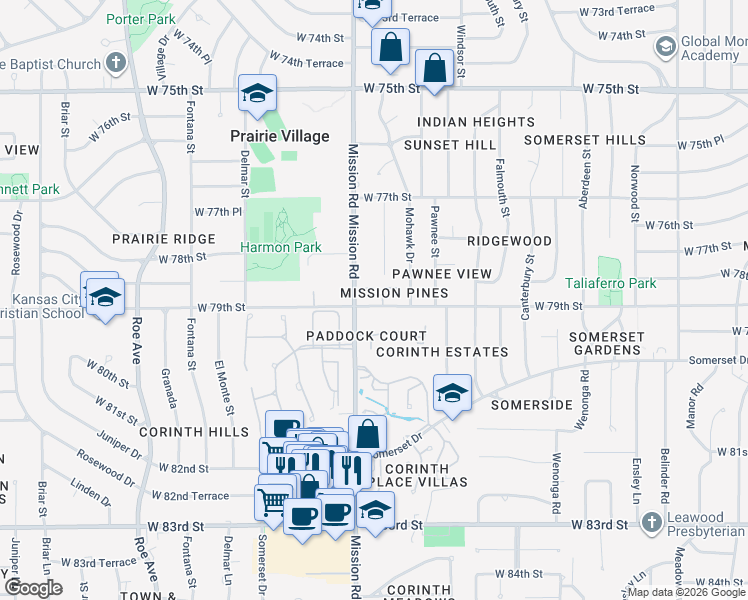 map of restaurants, bars, coffee shops, grocery stores, and more near 7881 Howe Circle in Prairie Village