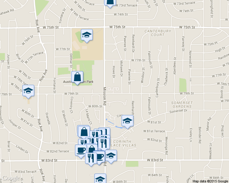 map of restaurants, bars, coffee shops, grocery stores, and more near 7877 Howe Circle in Prairie Village