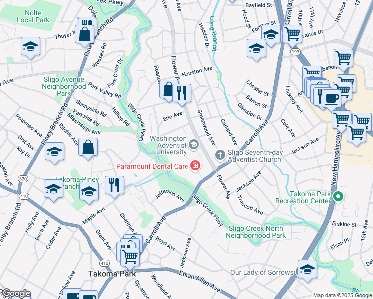 map of restaurants, bars, coffee shops, grocery stores, and more near 7600 Carroll Avenue in Takoma Park