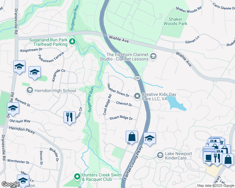 map of restaurants, bars, coffee shops, grocery stores, and more near 12025 Heather Down Drive in Herndon