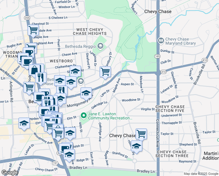 map of restaurants, bars, coffee shops, grocery stores, and more near 7616 Lynn Drive in Chevy Chase