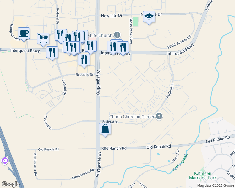 map of restaurants, bars, coffee shops, grocery stores, and more near 10851 Hidden Pool Heights in Colorado Springs