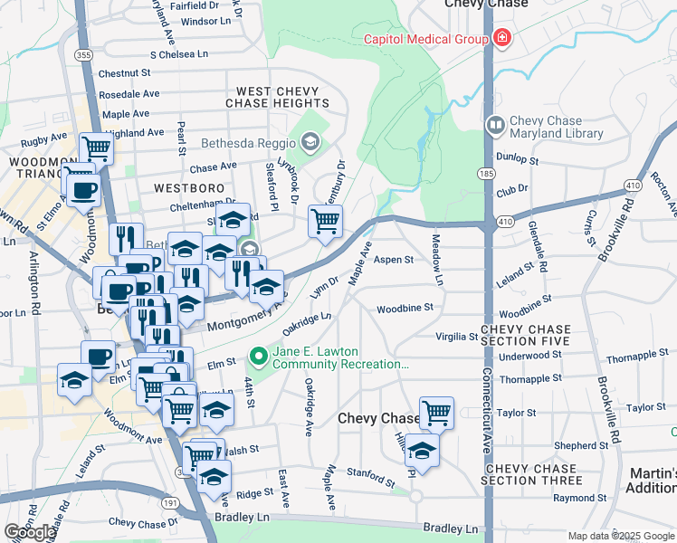 map of restaurants, bars, coffee shops, grocery stores, and more near 7616 Lynn Drive in Chevy Chase