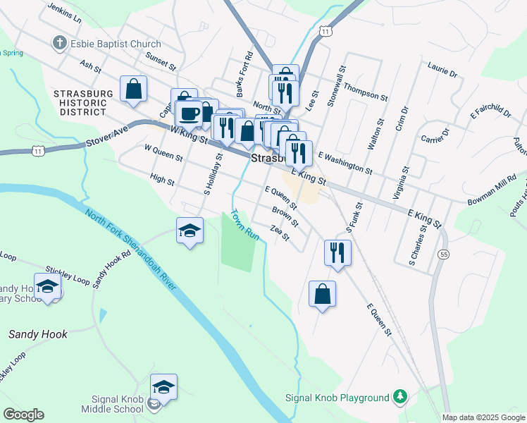 map of restaurants, bars, coffee shops, grocery stores, and more near 328 Brown Street in Strasburg