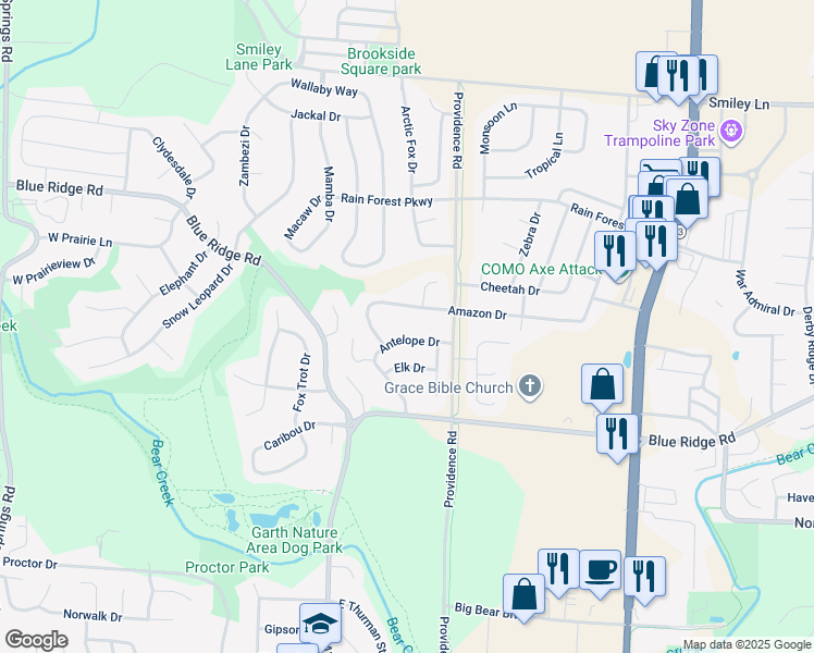map of restaurants, bars, coffee shops, grocery stores, and more near 8 Amazon Drive in Columbia