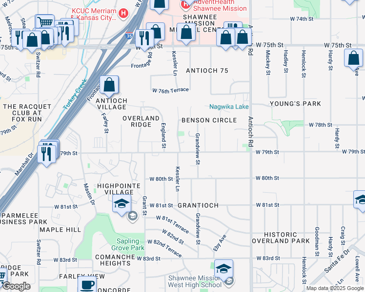 map of restaurants, bars, coffee shops, grocery stores, and more near 9178 West 78th Terrace in Overland Park